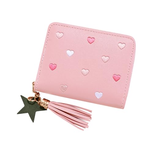 Small Cute Wallet Cash Pocket Wallet PU Leather Mini Wallet Slim Short Wallet Card Holder Purse Aesthetic Portable Wallet with Embroidery Hearts and Tassel Zipper Pink