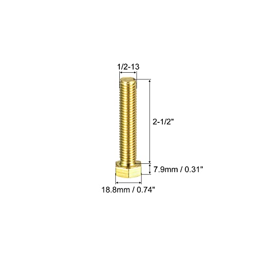 Image of uxcell Brass Hex Bolts, 1 /2-13x2-1 /2 1pcs Fully Thread Grade 4.8 Solid Brass Hexagon Head Bolt Machine Screws for Machinery