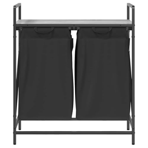 Panier à linge 2 compartiments gris sonoma et bois avec plateau de rangement