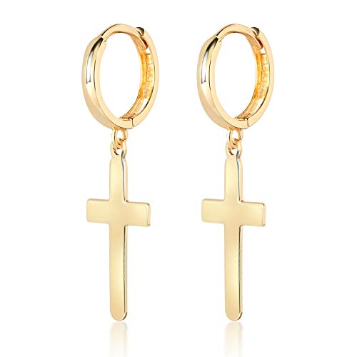 14K Yellow Gold Drop Cross Earrings-12Mm #TOP5