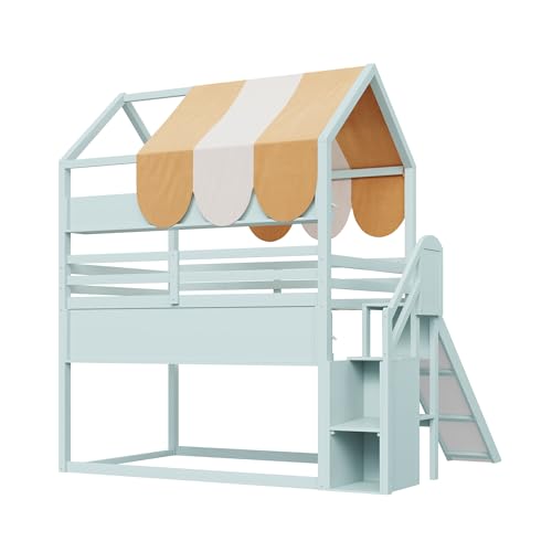 Image of Bellemave Bunk beds Full Over Full with Slide and Stair and Bookshelf House roof Design, Low bunk /loft Bed for Kids,Light Green