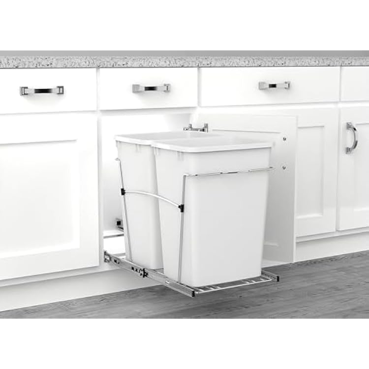 Rev-A-Shelf RV-18KD-11C S Double Pullout Trash Can for Kitchen Cabinets 35 Qt Garbage Recycling Bin on Full-Extension Slides, White