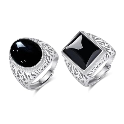 2 Pièces Bague En Acier Inoxydable Homme Agate Noir Imitation Incrusté Bague D'amitié Pour Homme Idées Cadeaux