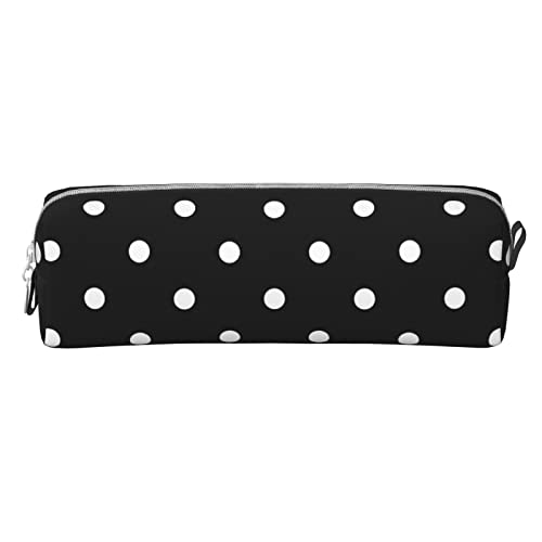 Image of Leather Pencil Case - Polka Dot Black and White Simple Pattern, Stationery Bag Pen Organizer Makeup Cosmetic Holder Pouch for School Work Office College
