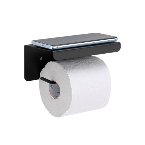 Image of ACHRO Self Adhesive and Wall Mount Black Stainless Steel Toilet Paper Holder with Mobile Stand, Tissue Paper Holder with Shelf, Toilet Paper Roll Holder for Bathroom, Bathroom Accessories Black Finish