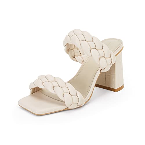 Syktkmx Womens Braided Heels Sandals Chunky Block Heel Double Strap Summer Dressy Sandal, Nude, Size 7