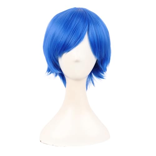 MapofBeauty 12 Inch/30 cm Men Women Short Straight Side Bangs Cosplay Costume Wig (Bright Blue)
