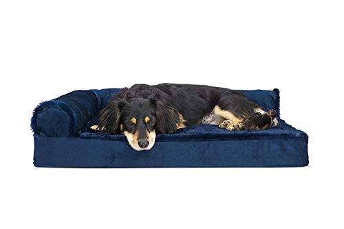 Furhaven Orthopedic Dog Bed for Medium/Small Dogs w/Removable Bolsters & Washable Cover, For Dogs Up to 35 lbs - Plush & Velvet L Shaped Chaise - Deep Sapphire, Medium