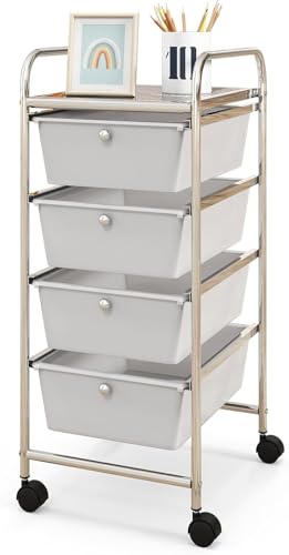 Goplus Carrito Auxiliar Con 4 Cajones Y Ruedas Giratorias Universales, Carro De Almacenaje Con Estructura De Acero, Carrito De Utilidad Para Oficina Casa, 37 X 32 X 76 Cm Blanco
