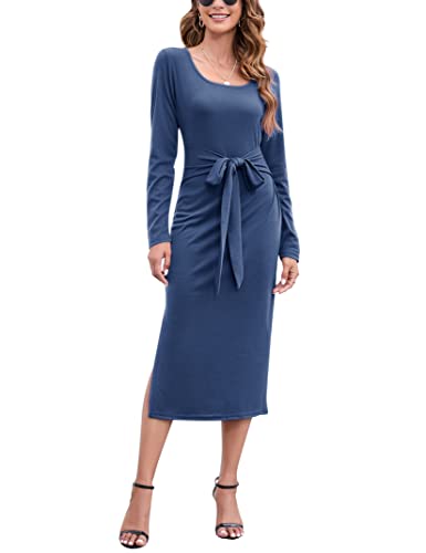 Missky Womens Plus Size Long Sleeve Dress Midi Side Slit Bodycon Long Sleeve Dress Square Neck Slim Fit Dress Plus Size Women Belted Knit Sweater Dress Women Plus Size Dresses Blue Xx-Large #TOP17