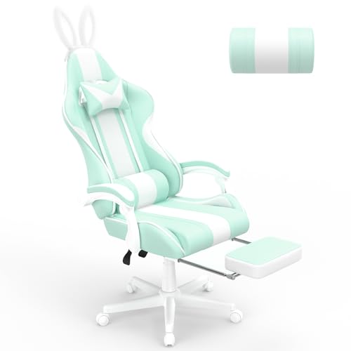 Ferghana Kawaii Bunny Ears Gaming Chair, Cute Gamer Chair with Footrest and Massage, Leather Ergonomic Computer Game Chairs for Girls Adults Teens Kids Light Green