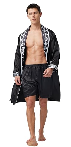 Image of TONY AND CANDICE Men's Satin Robe Lightweight Long Sleeve Silk Kimono Bathrobe with Shorts Set Sleepwear