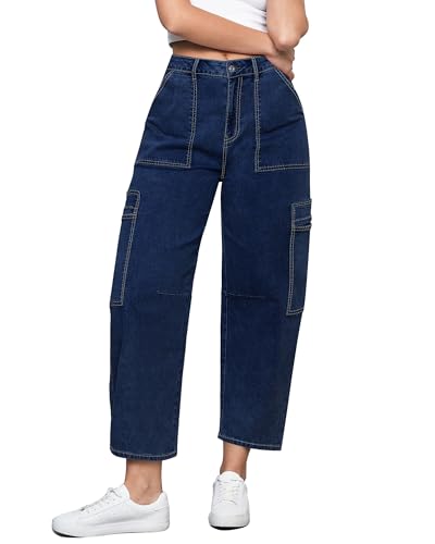 GRAPENT Barrel Jeans for Women Trendy High Waisted Cropped Cargo ...