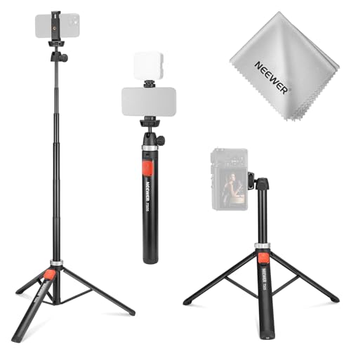 Image of NEEWER Phone Tripod for Camera with Cell Phone Holder & Remote, 62.9 inch All Metal Selfie Stick Travel Vlog Video Recording Portable Stand Compatible with iPhone Canon Sony Nikon, Cleaning Cloth, TS05