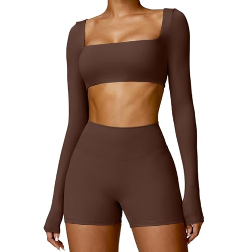 Image of ABOCIW Women Square Neck Long Sleeve Workout Crop Top Low Medium Impact Athletic Yoga Gym Shirts with Built in Bra(ONLY TOP)