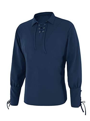 Karlywindow Men's Medieval Lace Up Pirate Shirts Mercenary Scottish Wide Cuff Shirt Halloween Costume Clothing Blue #TOP1