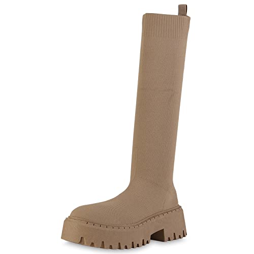 VAN HILL Damen Plateaustiefel Stiefel Blockabsatz Schuhe Strick Plateauschuhe Profilsohle Stoffschuhe Plateau Vorne Boots 208749 Khaki 40