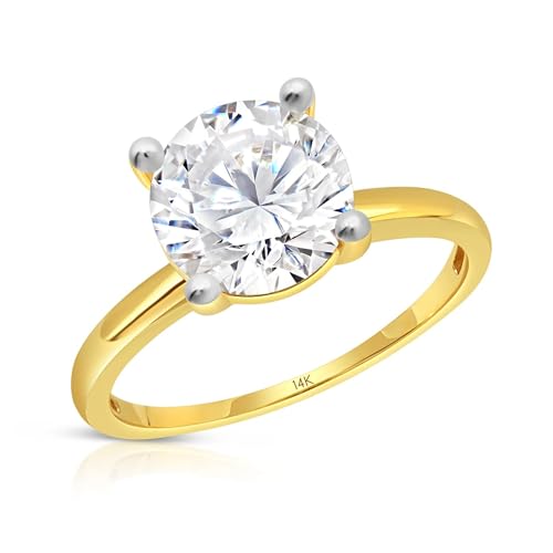 MAX + STONE 3 Carat Cubic Zirconia Solitaire Engagement Ring for Women in 14k Solid Yellow Gold CZ in Size 5 to 9