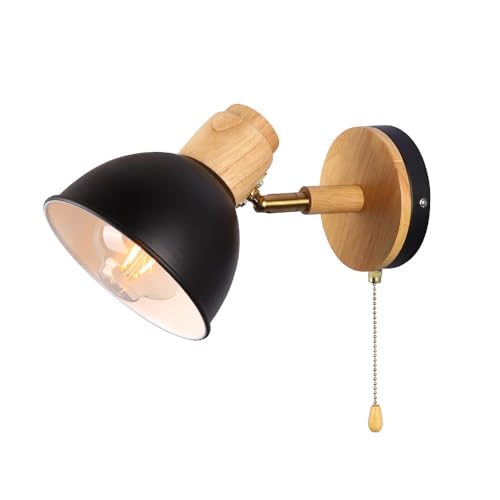 Lámpara de pared industrial retro, lámpara de metal de madera, lámpara negra E27 1 lámpara, pantalla ajustable con interruptor de tracción, lámpara de pared vintage para salón, dormitorio, bar, tienda