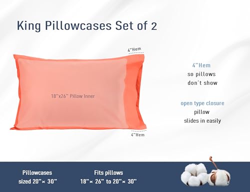 Pillow Cases, King Size Cotton Percale Weave Pillowcases, Pre-Shrunk Breathable and Hypoallergenic Pillowcases, Set of 2 (2 Piece King 20 Inch x 40 Inch, Coral)