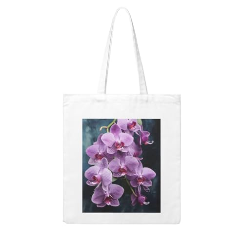 LKWSCGHM Hermosa bolsa de lona con diseño de orquídeas moradas para mujer, reutilizable, grande, de algodón, con asa, plegable, ligera, para compras, bolsa de hombro para vacaciones en la playa