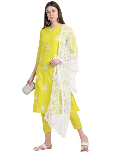 Kurta femme coton jaune vêtement traditionnel pantalon dupatta L