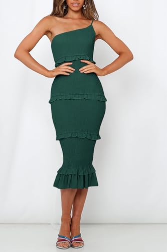 Image of PRETTYGARDEN Women's Summer Midi Bodycon Dresses One Shoulder Strappy Tiered Ruffle Floral Boho Sun Dress