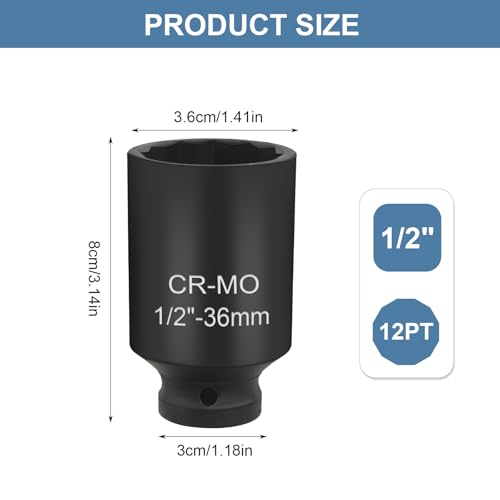 AOROPS 36mm Socket, 1/2" Drive, 12 Point Impact Socket for Axle Nuts