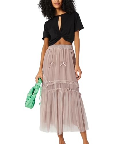 Women's Casual Formal Tulle Skirt Elastic High Waisted Layered Pleated Flowy Mesh Skirt for Wedding Party