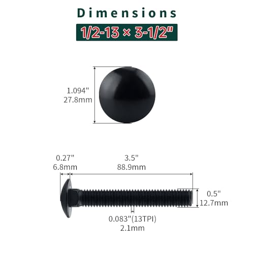 Image of 1 /2-13 x 3-1 /2 inch Black Carriage Bolts with Nuts and Washers Kits (6 Sets), 304 Stainless Steel 18 /8, Black Finish, Round Head, Square Neck, Heavy Duty Bolts, Indoor Outdoor Fastening Bolts, Fayeploo