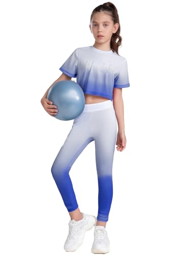 YiZYiF Kids Girls Gradient Sports Dance Outfit Shortsleeve Cropped Tshirt Vest And Leggings Set3