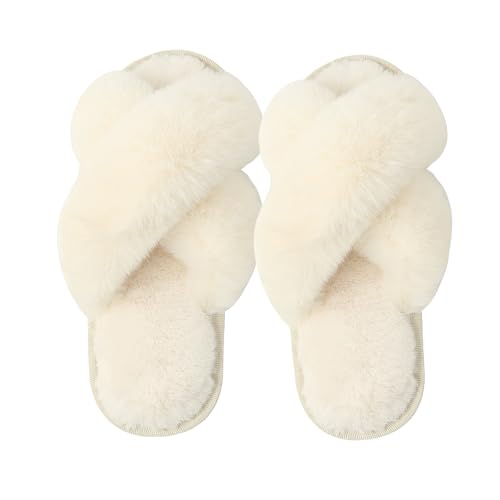 Women Fluffy Cross Band House Slippers Fuzzy Open Toe Slippers Cozy Plush Slip-on Home Shoes Indoor Outdoor