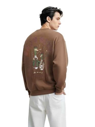 Sweat-shirt marron confortable col rond et manches longues élastiques homme XL