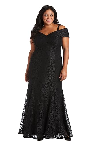 Image of R&M Richards Women's Off The Shoulder Formal Gown - Glitter Lace Mermaid Evening Dress for Wedding Guest & Cocktail Attire