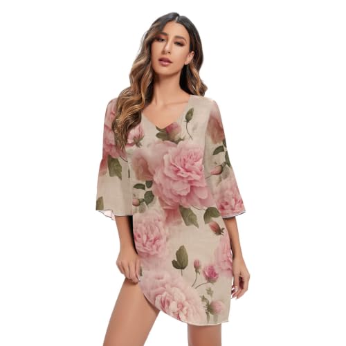 Robe d'été courte imprimé pivoine floral et manches 3/4