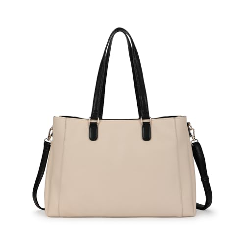 Image of Fastrack Metro Carry Laptop Tote | Faux-Leather Women's Handbag | white with black Details | 14 inch Laptop Compatible | Dual Carry Options | Pebbled Texture