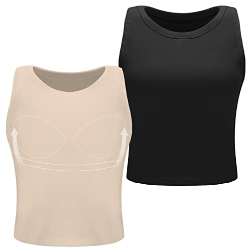 Image of Ibeauti 2 Pack Womens Crop Tank Top with Built in Bra Ribbed Padded Yoga Tank Tops (S, Black /Khaki)