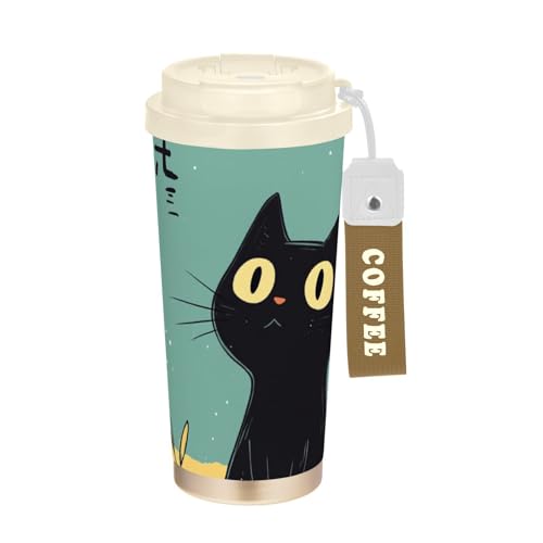 QwThum Comic Black Cat Blue 16oz Coffee Travel Mug with Straw and Flip Lid Reusable Insulated Tumbler Cup Double Wall Vacuum Lea Proof Mugs for Office School Party Camping