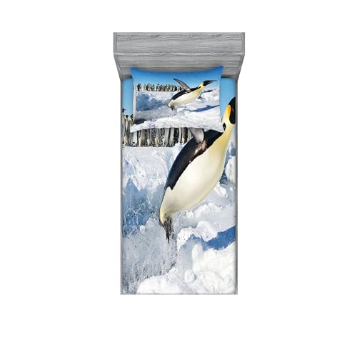 Ambesonne Penguin Fitted Sheet & Pillow Sham Set, Penguins Pole Wildlife Swimming Flying Dancing Family Group Icebergs Antarctica, Decorative Printed 2 Piece Bedding Decor Set, Twin, Blue White