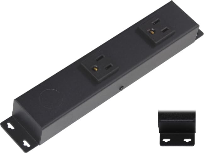 8” Hardwired Power Strip (NO Power Cord), 2 Vertical Outlets (NOT Tamper Resistant), with Ears (with mounting tabs on Both Ends), 15A (NOT a 20 Amp Unit), Black