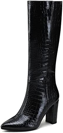 Modatope Black Knee High Boots for Women Chunky Heel Boots Riding Boots Faux Crocodile Boots Thigh High Boots with Zipper Block Heel Boots Size 7