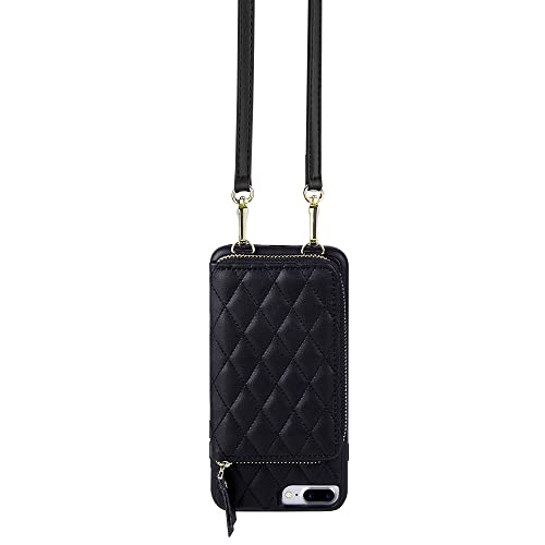 Lameeku Iphone 7 Plus Wallet Case, Quilted Leather Wallet Case For Iphone 8 Plus Card Holder Case With Crossbody Lanyard Handbag Case For Women Shockproof Case For Iphone 7 Plus 8 Plus,5.5''-Black #TOP6