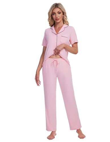 Image of Pajamas Set for Women Soft Knit Button Down Sleepwear 2 Piece Breathable Viscose from Bamboo Pjs S-XXL