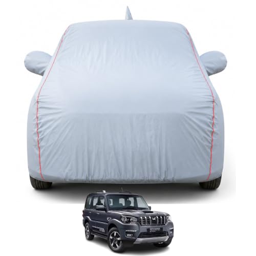 Image of Premium Car Cover for Scorpio (2014-2021) Models | Waterproof, UV & Dust Protection | Mirror & Antenna Pocket | Triple Stitched, Soft Inner Lining, Belt & Buckle (Dark Grey)