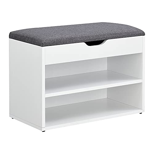 [en.casa] Banc à Chaussures Design Étagère à 2 Niveaux Meuble de Rangement pour 4 Paires de Chaussures avec Siège Rembourré Rabattable Panneau de Particules Polyester Coton 46 x 60 x 30 cm Blanc Gris