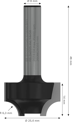 Bosch Professional Zubehör 2608628355 Profilfräser E 8 mm, R1 6,3 mm, D 25,4 mm, L 14,3 mm, G 46 mm
