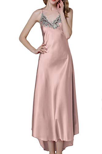 Asher Fashion Asherbaby Women's Nightdress Lace Satin Nightgowns Long Chemise Sleepwear (Us S=Asian Tag M, Pink) #TOP2