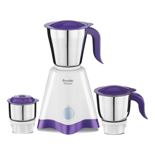 Preethi Crown (MG-205) Mixer Grinder 500W Motor 3 Stainless Steel Jars for Wet & Dry Grinding Chutney & Masala Prep ShockProof ABS Body White & Purple Indian Mixer Grinder for Home Kitchen