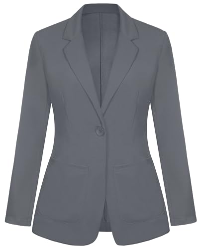 Womens Casual Blazers Notched Lapel Button Front Suit Jacket Blazer Work Office Long Sleeve Blazer with Pockets(Dark Grey M)