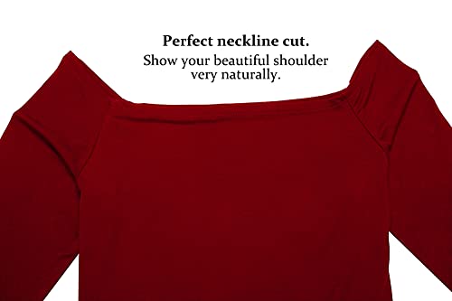 LilyCoco Women's Half Sleeve Off The Shoulder Top Slim Fitted T-Shirt Blouse Top Elbow Sleeve Dark Red Small - Thumbnail 3